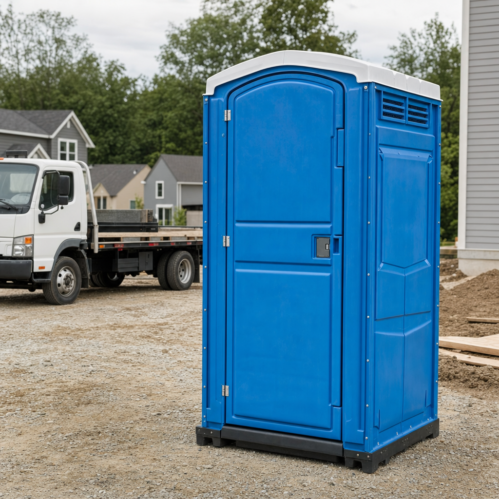 Delivery driver positioning a clean royal-blue portable toilet on level ground at a Atlantic City worksite