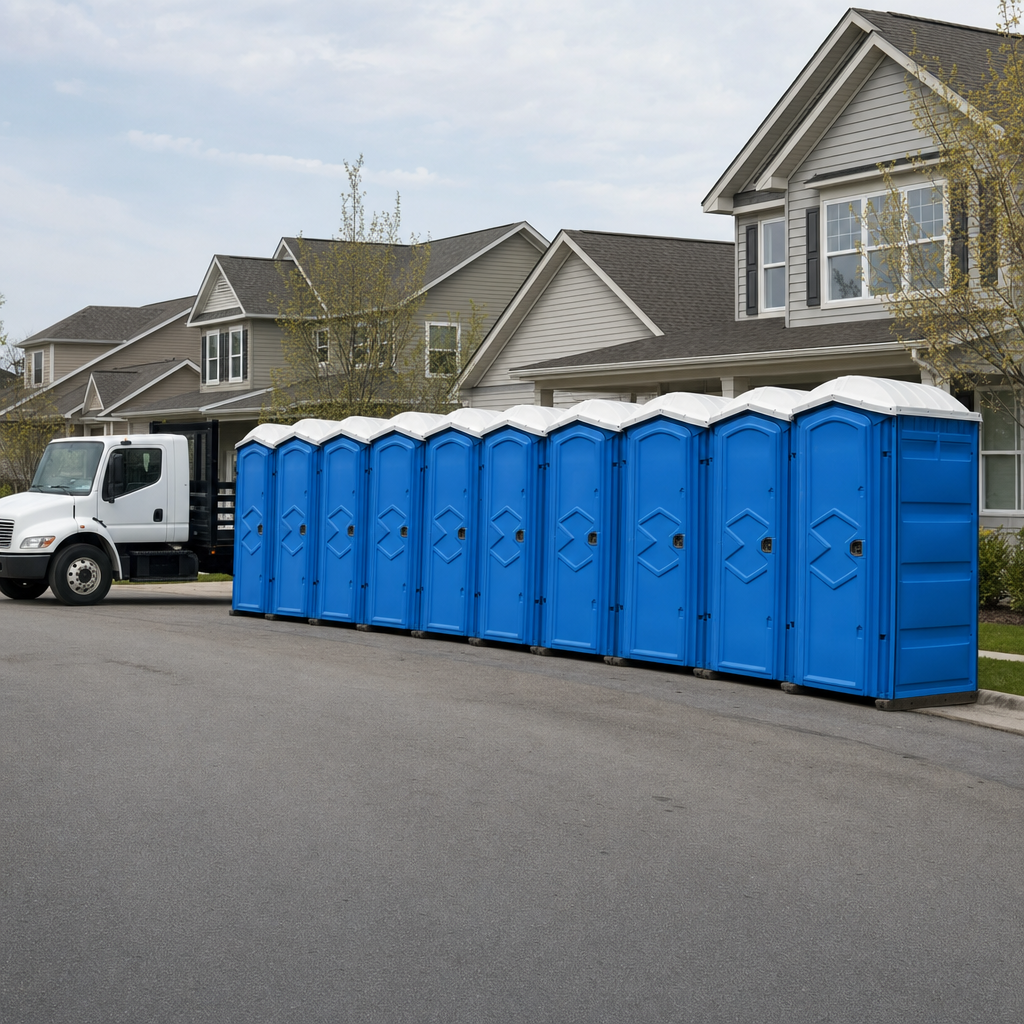Royal blue portable toilets staged in a tidy row at a Atlantic City jobsite, ready for delivery